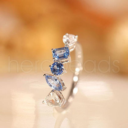 Rectangle Horse Eye Triangle Brass Micro Pave Clear & Blue Cubic Zirconia Finger Rings for Women FS-WG723F9-01-1
