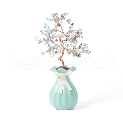 Mother's Day Natural & Synthetic Gemstone Chips with Brass Wrapped Wire Money Tree on Ceramic Vase Display Decorations DJEW-B007-01C-1