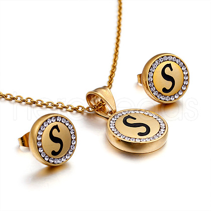 Flat Round with Letter Pattern 304 Stainless Steel Crystal Rhinestone Pendant Necklace & Stud Earring FS-WG33EDD-19-1
