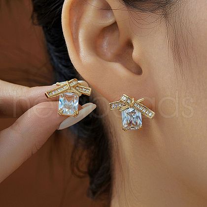 Brass Clear Cubic Zirconia Bowknot Stud Earrings IO3713-1-1