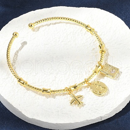 Brass Micro Pave Clear Cubic Zirconia Charm Bangles for Women BJEW-Z089-06G-1