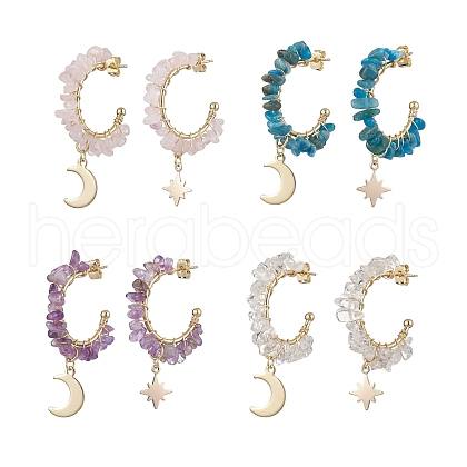 Moon & Star Natural Mixed Gemstone Chip Dangle Half Hoop Earrings EJEW-JE05900-1