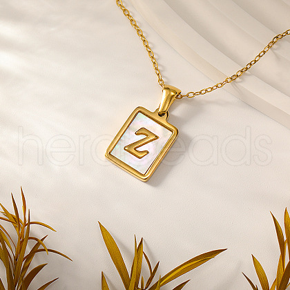 Rectangle Stainless Steel Pave Natural White Shell Initial Pendant Necklaces for Women FS-WGB5EDA-26-1