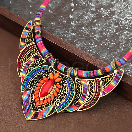 Bohemian Style Colorful Flower Alloy Coral Rhinestone & Polyester Cord Pendant Bib Necklaces for Women FS-WG73F41-01-1