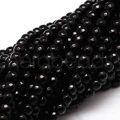 Faceted Natural Black Onyx Round Beads Strands G-E319B-6mm-01-1