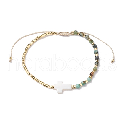 3mm Round Faceted Natural African Turquoise(Jasper) & Seed Beads Braided Bead Bracelets BJEW-JB10594-03-1