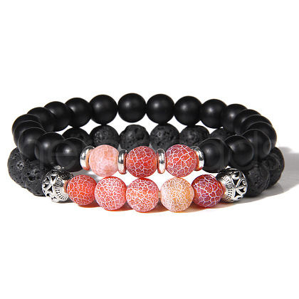 Natural Lava Rock & Frosted Stone Round Beads Stretch Bracelet Set Women DF9720-7-1