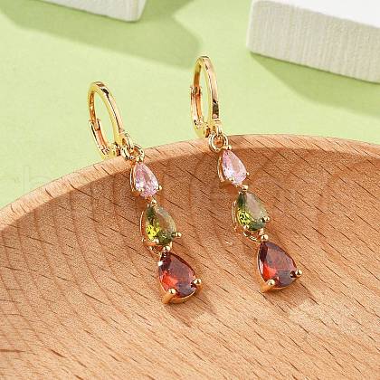 Teardrop Brass Pave Colorful Cubic Zirconia Hoop Earrings for Women EJEW-G428-23G-1
