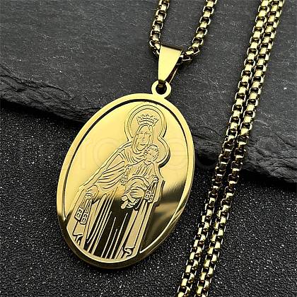 Religion 304 Stainless Steel Oval with Virgin Mary Pendant Necklaces for Women NJEW-M105-11G-1