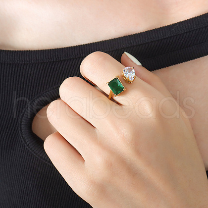 Rectangle & Teardrop 304 Stainless Steel Pave Cubic Zirconia Cuff Rings for Women FS-WG02DF6-04-1
