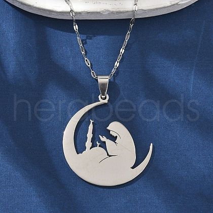 304 Stainless Steel Moon with Woman Pendant Necklaces for Ramadan & Eid Mubarak NJEW-D318-02P-1