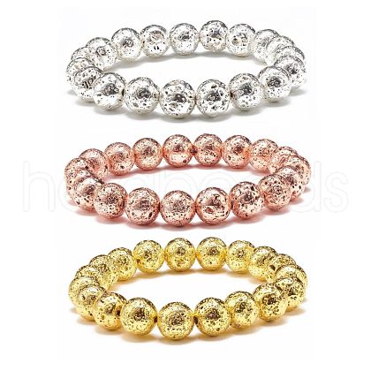 3Pcs 3 Colors Natural Lava Rock Stretch Bracelets Set BJEW-JB06838-04-1