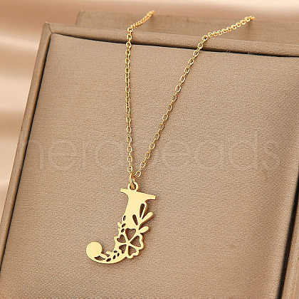 304 Stainless Steel Flower Initial Pendant Necklaces WGE911E-10-1