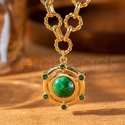 Retro Brass Pave Dyed Natural Agate Flat Round Pendant Necklaces for Women FS-WGEAC5C-02-1