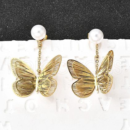 304 Stainless Steel Plastic Imitation Pearl Dangle Stud Earrings EJEW-D308-09G-1