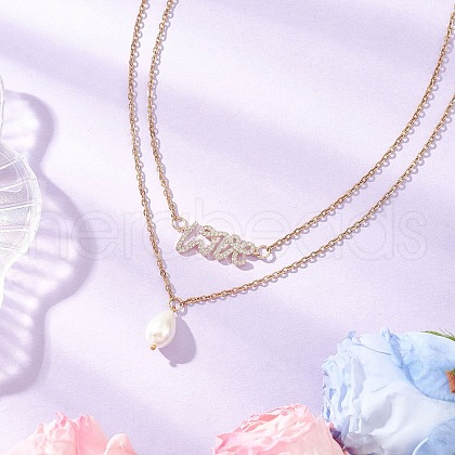 Glass Pearl Teardrop Pendant Brass Chain Double Layer Necklaces for Women NJEW-JN05341-1