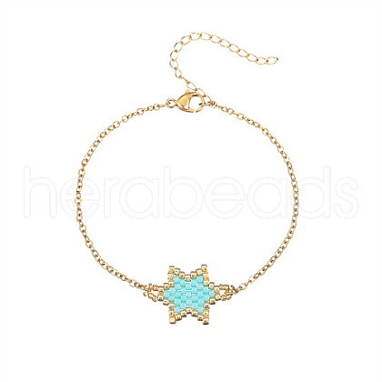 Glass Seed Beaded Star Link Bracelet with Golden Stainless Steel Cable Chains NK2955-1-1