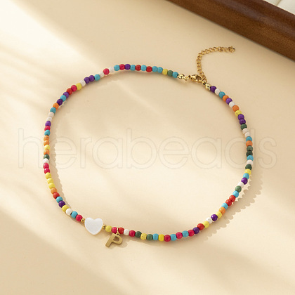 Heart Natural Shell & Colorful Glass Seed Round Beaded Necklaces FS-WGE10D5-16-1
