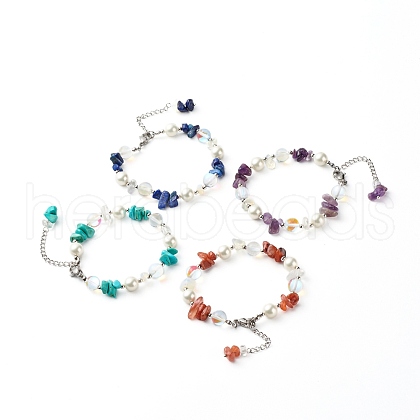 4Pcs Mixed Gemstone Chip Beaded Bracelets Set for Girl Women BJEW-TA00019-1