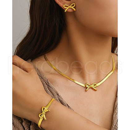 Bowknot 304 Stainless Steel Pendant Necklaces & Charms Bracelets & Stud Earrings Sets SJEW-Z003-03G-1