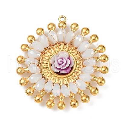 304 Stainless Steel and Resin Flower Pendants STAS-R170-03G-03-1