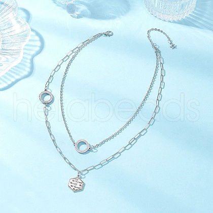 304 Stainless Steel Ring Hexagon Pendant Double Layer Necklaces for Women NJEW-JN05311-1