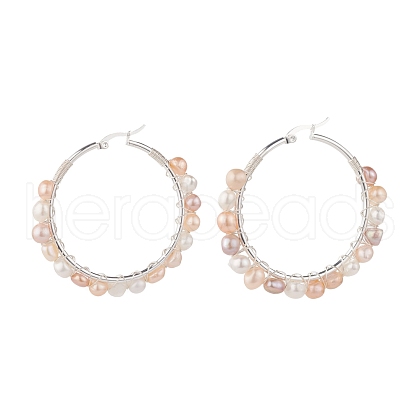 Natural Pearl Wire Wrapped Beaded Hoop Earrings for Women EJEW-JE04759-04-1
