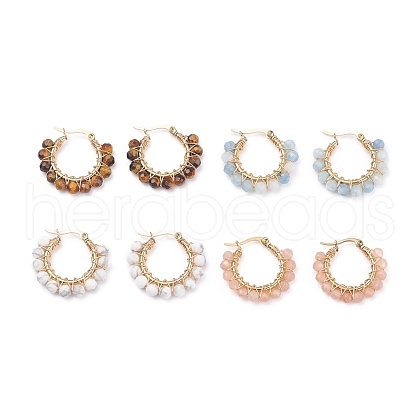 Faceted Round Natural Stone Beads Huggie Hoop Earrings for Girl Women EJEW-JE04687-1