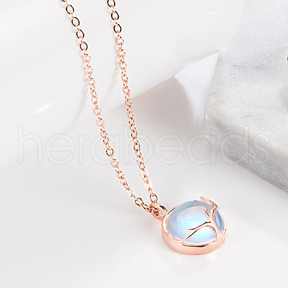 Flat Round with Antler Shape Brass Natural Moonstone Pendant Necklaces for Women WG9EF84-06-1