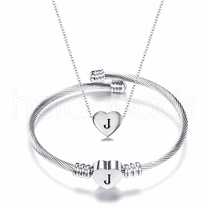 Heart with Letter Pattern 304 Stainless Steel Cuff Bangle & Pendant Necklace FS-WGA0158-10-1