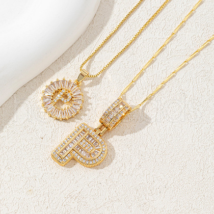2Pcs 2 Styles Brass Pave Clear Cubic Zirconia Initial Pendant Necklace Sets FS-WGBC393-16-1