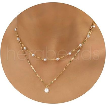 Simple Style Imitation Pearl Round Pendant Alloy Chain Double Layer Necklaces for Women FS-WG0DEC3-01-1