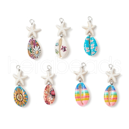 Starfish Synthetic Turquoise Beads & Printed Cowrie Shell Copper Wire Wrapped Pendants PALLOY-JF03953-02-1