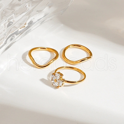 3Pcs 304 Stainless Steel Micro Pave Cubic Zirconia Ring Sets RJEW-S625-01G-1