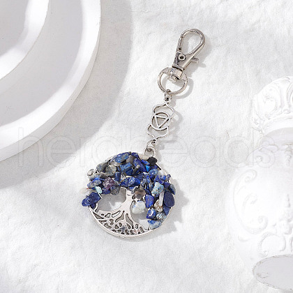 Natural Lapis Lazuli Chips Beads & Alloy Tree of Life Pendant Decorations HJEW-JM03128-02-1