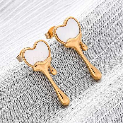 304 Stainless Steel Natural White Shell Stud Earrings EJEW-Z118-01G-1
