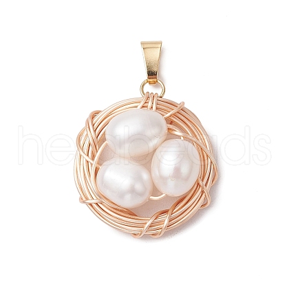 Natural Cultured Freshwater Pearl Copper Wire Wrapped Bird Egg Nest Pendants PALLOY-TA00228-02-1