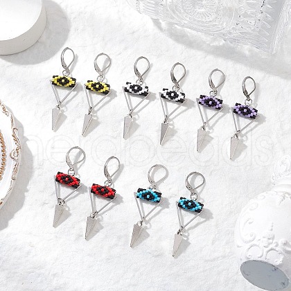 Triangle with Eye Brass Glass Seed Beaded Leverback Earrings EJEW-MZ00452-1
