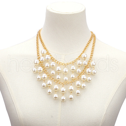 Alloy & Plastic Imitation Pearl Round Beaded Double Layer Tassel Bib Necklaces for Women FS-WG430C8-03-1