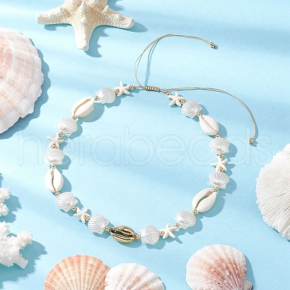 Summer Synthetic Turquoise Starfish & Natural Cowrie Shell & White Imitation Pearl Adjustable Beaded Necklaces NJEW-JN05270-02-1