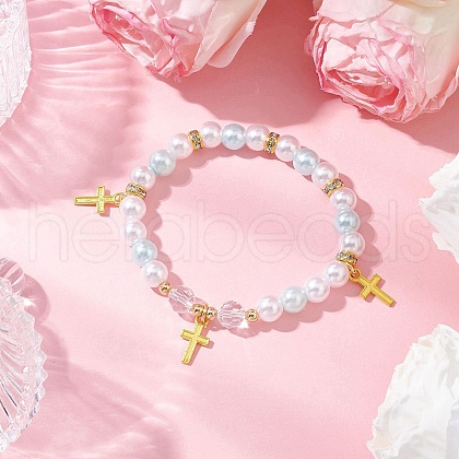 Alloy Pendants with ABS Plastic Imitation Pearl Beads and K9 Glass and Brass Grade A Rhinestone Spacer Beads and Flat Elastic Crystal String Bracelets BJEW-JB11778-02-1