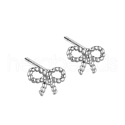Anti-Tarnish Rhodium Plated Rope Bowknot 999 Fine Silver Stud Earrings for Women EJEW-S215-14P-1