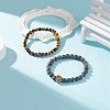 2Pcs 2 Style Natural Weathered Agate(Dyed) & Tiger Eye Round Beaded Stretch Bracelets Set with Alloy Lion BJEW-JB08654-2