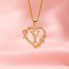 Brass Crystal Rhinestone Hollow Rose Heart with Letter Pendant Necklaces for Women WGC1928-25-1
