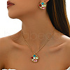 Flat Round Brass & Resin & Rhinestone Pendant Necklaces & Stud Earrings Sets FS-WG2BFFC-01-3