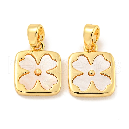 Natural Shell & Brass Square with Flower Charms with Snap on Bails KK-P275-05G-1