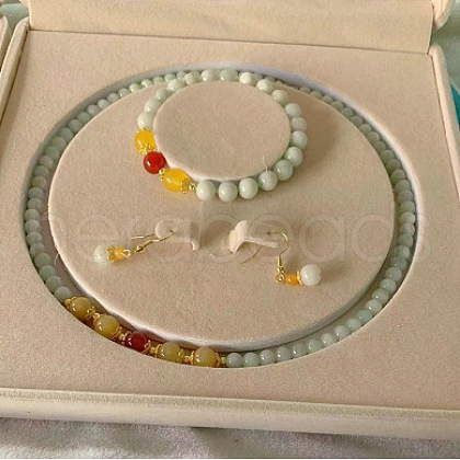 Natural Jadeite Round Beaded Necklaces & Beaded Bracelets & Dangle Earrings Sets WGE6446-06-1