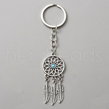 Woven Net/Web with Feather Alloy & Resin Pendant Keychain KEYC-WH0029-71AS-1