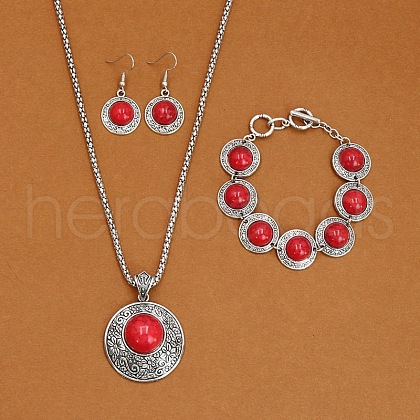 Alloy with Synthetic Turquoise Pendant Necklaces & Link Bracelets & Dangle Earring Sets WGBFEA3-05-1