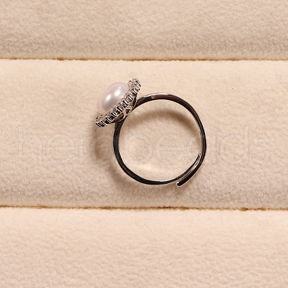 Mother's Day Jewellery Flower Brass Micro Pave Clear Cubic Zirconia with Natural Freshwater Pearl Finger Ring WG8FE37-03-1